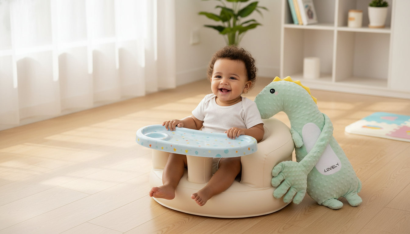 A diverse baby sits in a portable inflatable baby chair next to an animal-shaped baby pillow in a bright, inviting lifestyle 