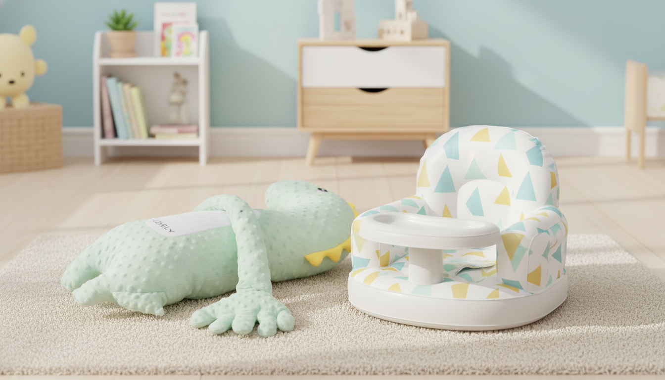 An adorable animal-shaped baby pillow next to a portable inflatable baby chair in a bright, inviting nursery setting.
